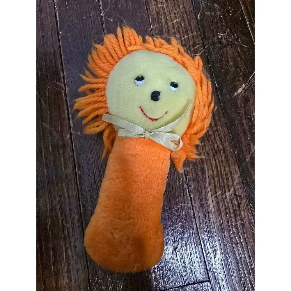 Vintage 1970s Stahlwood Toy Orange Lion Baby Rattle Plush